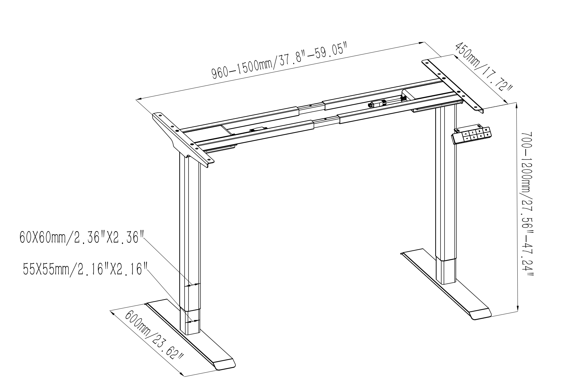 Line drawing of 2URF2 NATE Standing Desk with reinforced tray and 600mm legs – ergonomic sit-stand desk for home office