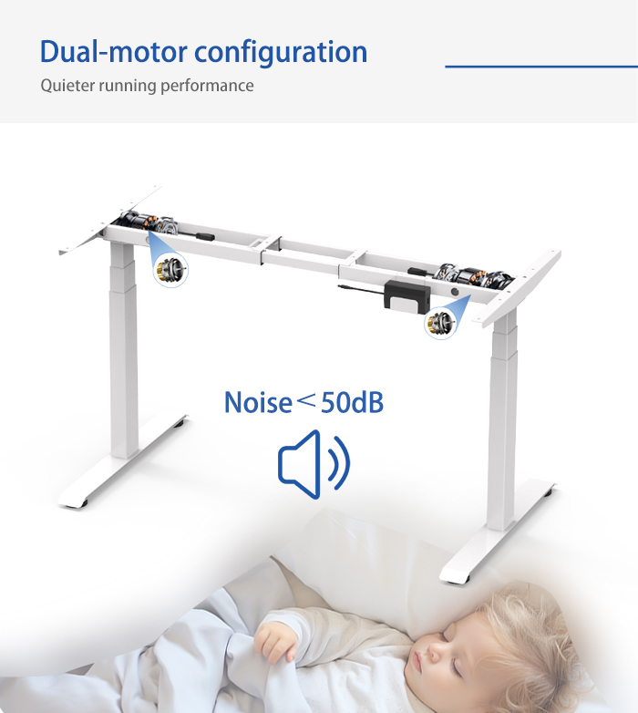 The dual-motor configuration of the 2JRF3 D3 desk frame, highlighting its quiet performance at under 50dB.