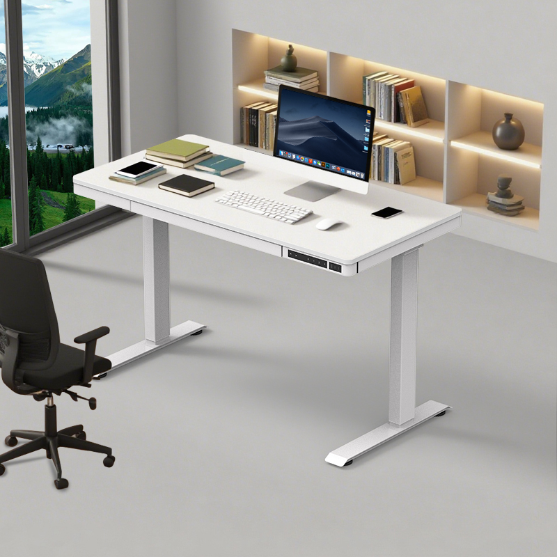 Modern white Wooden top standing desk in a bright office with a scenic view