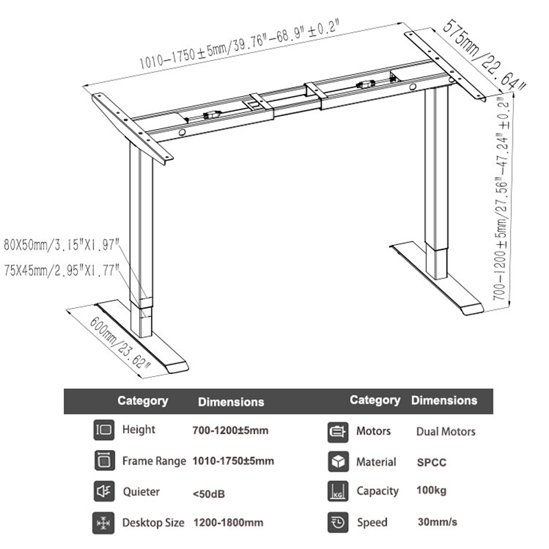 2JRF2 dual motor stand up desk frame specifications overview – height range, load capacity, speed, and frame size