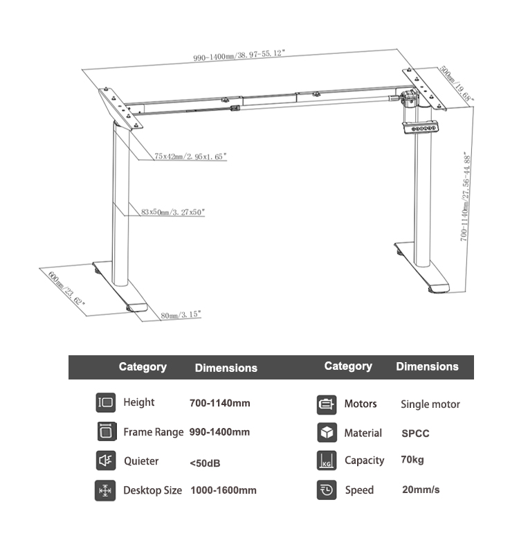  A technical diagram showing the dimensions of the 2SDAF2 desk frame, with a height range of 700–1140 mm and a frame range of 990–1400 mm.