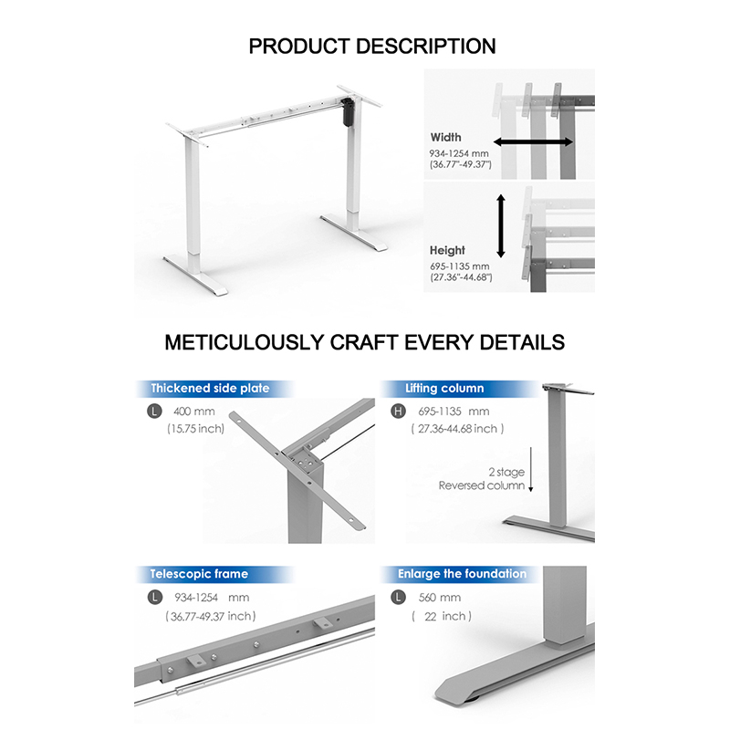 Adjustable standing desk frame with thick side plates, reversed 2-stage lifting columns, telescopic frame (934-1254mm), and a widened 560mm base for added stability.