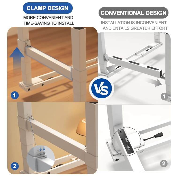Height adjustable desk frame with quick clamp design compared to conventional screw installation