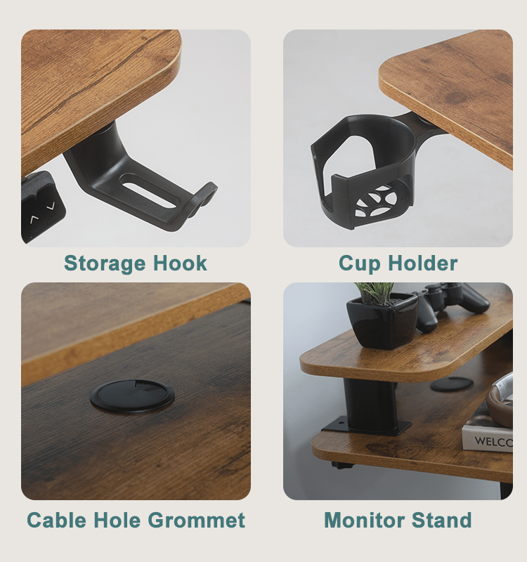 A four-panel image showcasing the desk's included accessories: a storage hook, a cup holder, a cable hole grommet, and the monitor stand supports.