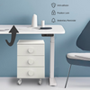 A close-up of the standing desk's smart safety features, displaying icons for Anti-collision, Position Lock, and Sedentary Reminder as it moves upwards.