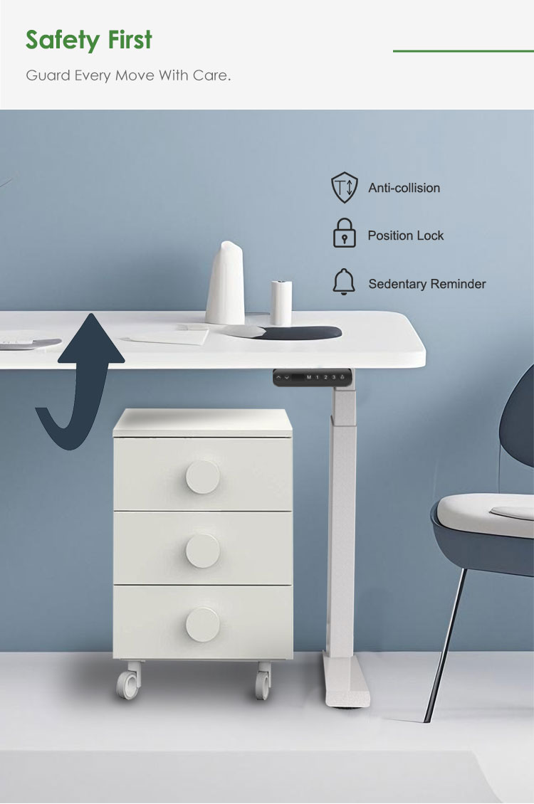 The adjustable desk showing safety features like anti-collision, position lock, and sedentary reminder, with an arrow indicating upward movement.