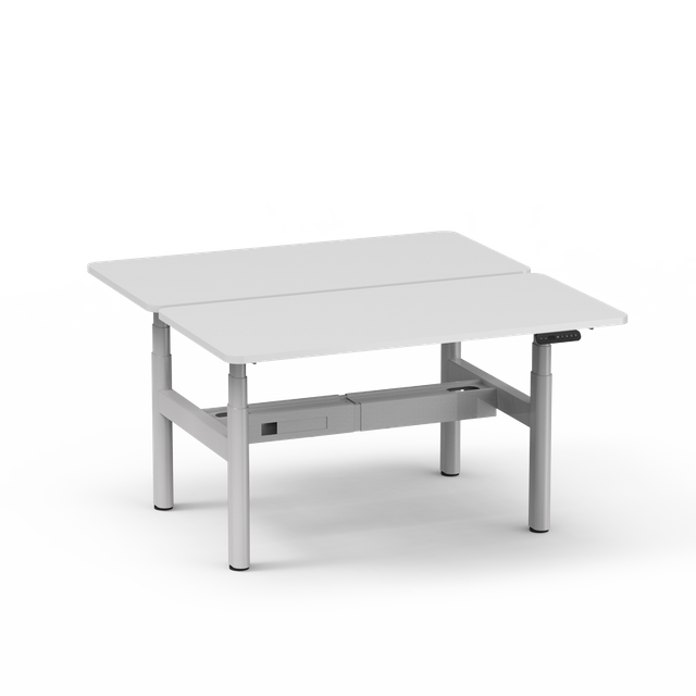 Modern 4CF3A back-to-back electric adjustable desk featuring clean white desktops, a grey 4-leg frame, and a visible control panel.