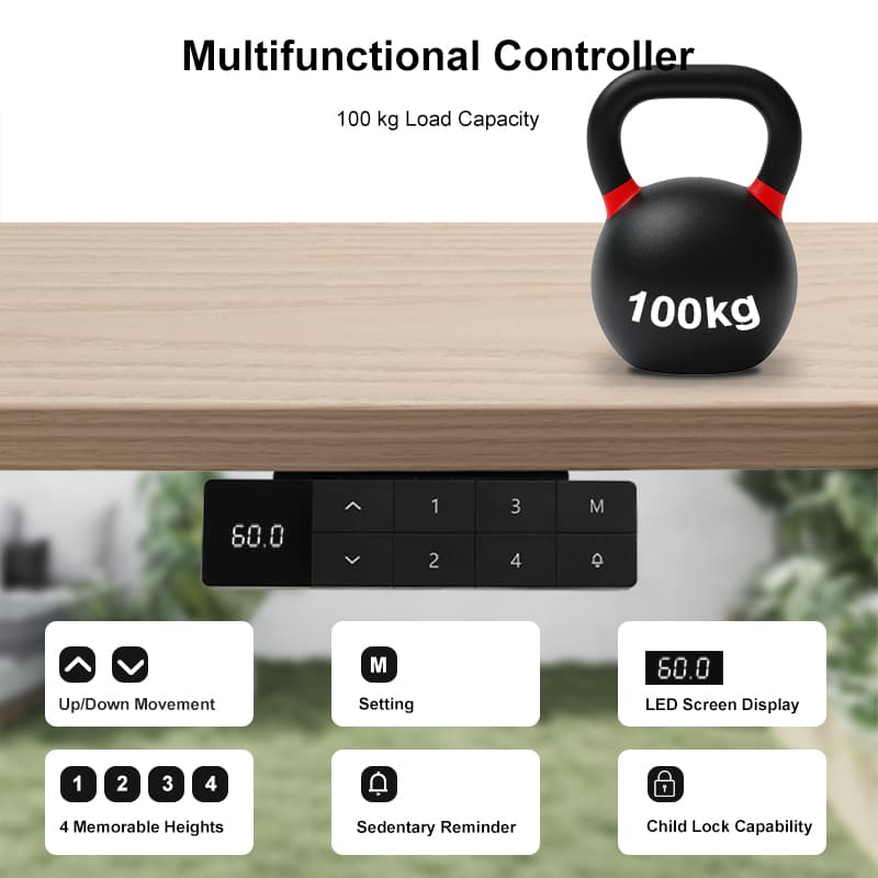 Detailed view of the multifunctional controller's capabilities, including 4 memory presets and a sedentary reminder, with a 100kg kettlebell demonstrating the desk's impressive load capacity.