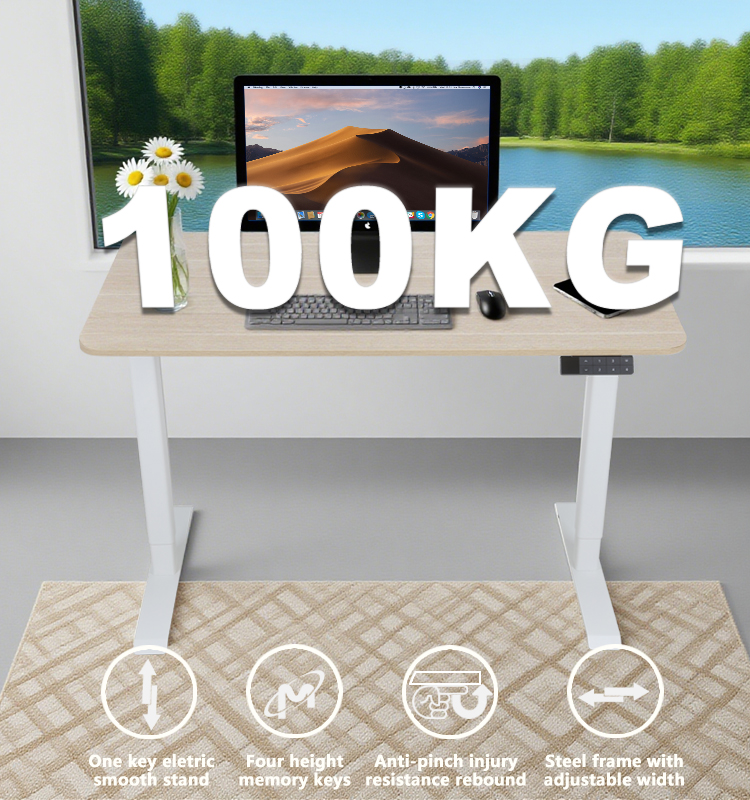 An illustration of the standing desk easily supporting a full workstation, highlighting its robust 100kg weight capacity.