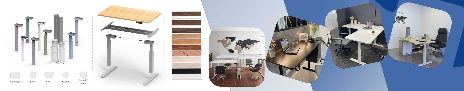 Banner image for a new product, featuring a modern adjustable desk with shape options (rectangle, square, oval, round, rounded square) and wood tone colors, shown in various office settings.