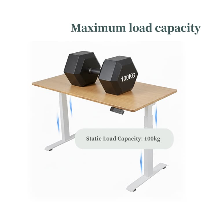 The black standing desk frame effortlessly supporting a heavy load of 120kg, represented by multiple dumbbells on the desktop.