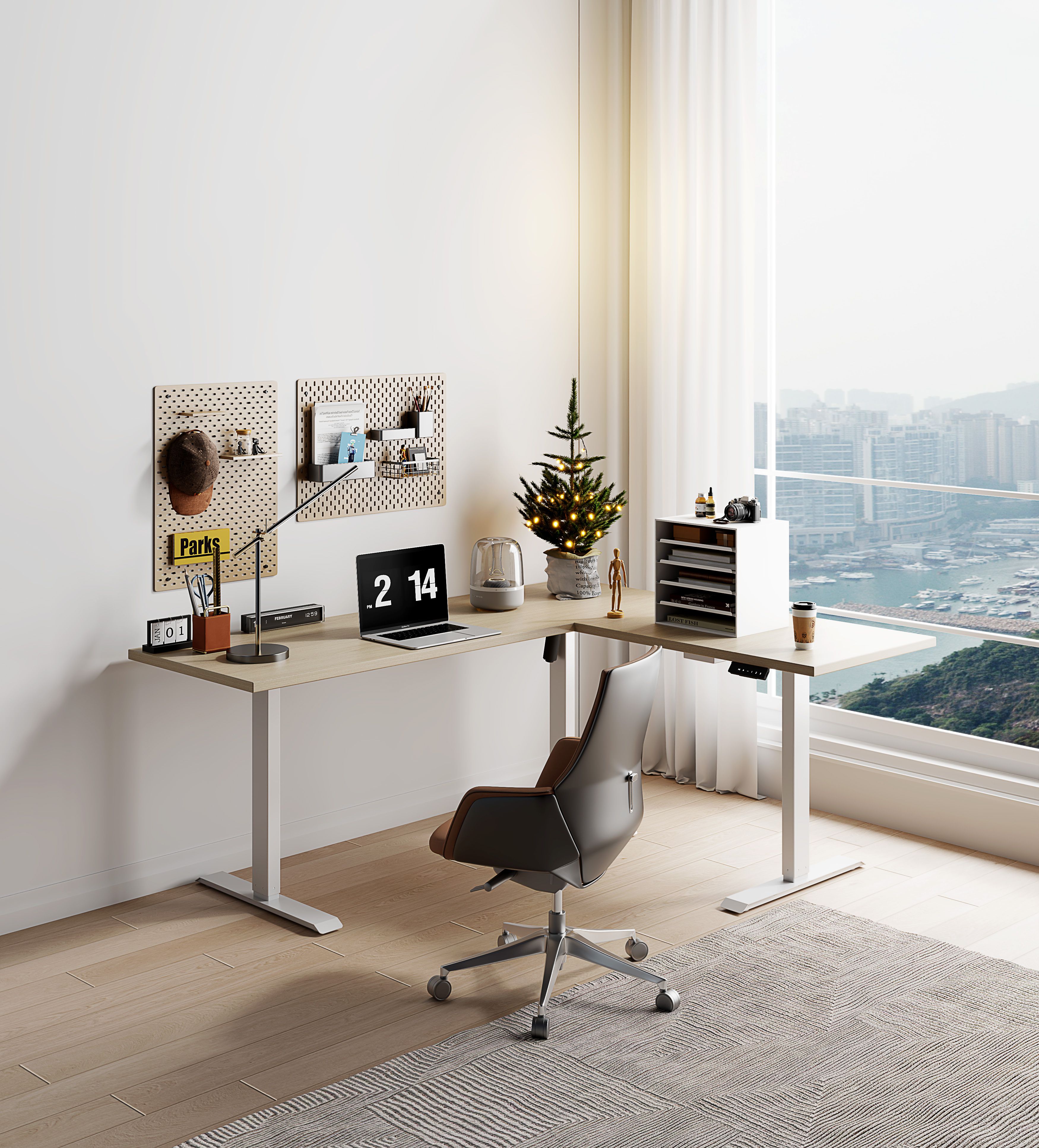 3SABRH2 NATE DESK: Scenic display pictures of the quiet L - shaped adjustable height home desk - NATEDRIVE