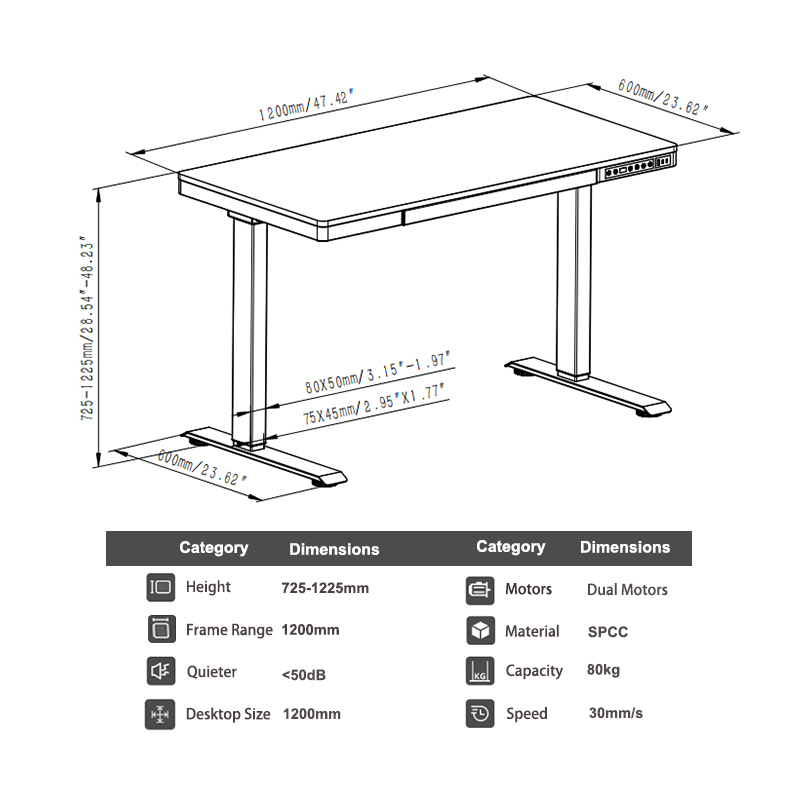 Technical drawing and specifications of the adjustable standing desk