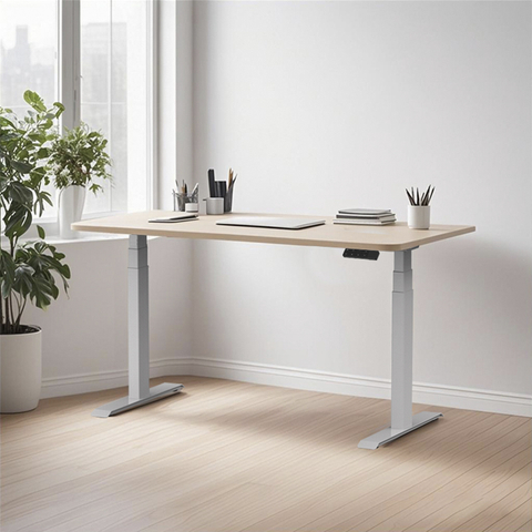 Front view of the complete 2AF3 electric adjustable desk in white, featuring a light wood top in a clean, minimalist workspace.