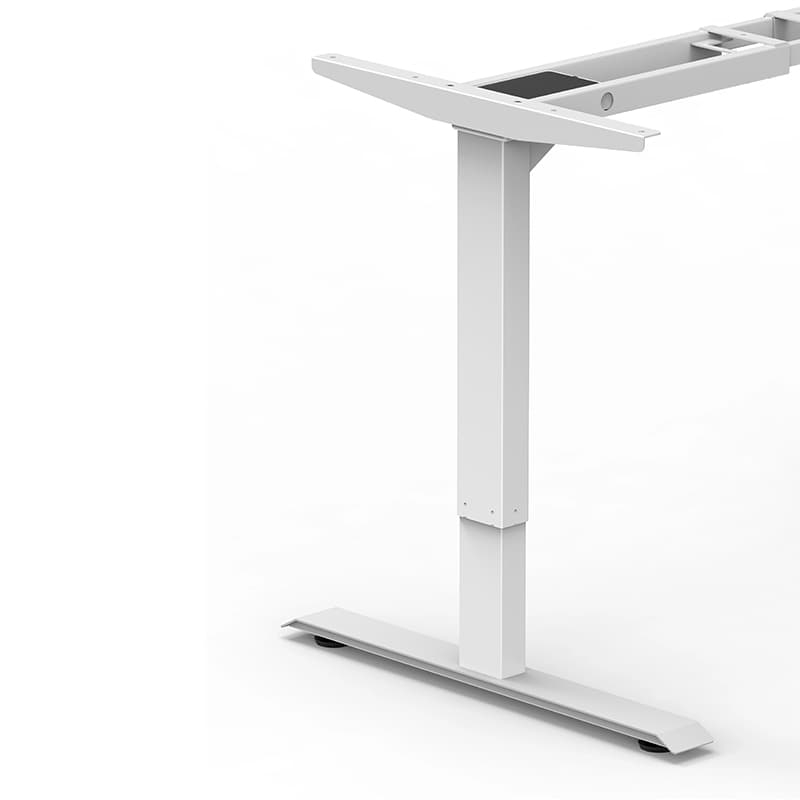 A side profile view of the white 2AR2 adjustable standing desk frame, highlighting the two-stage telescopic leg and the long, flat foot.