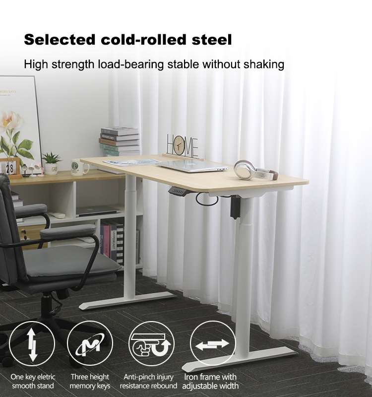 A summary of product features including one-key electric smooth stand, three height memory keys, anti-pinch injury resistance rebound, and an iron frame with adjustable width.