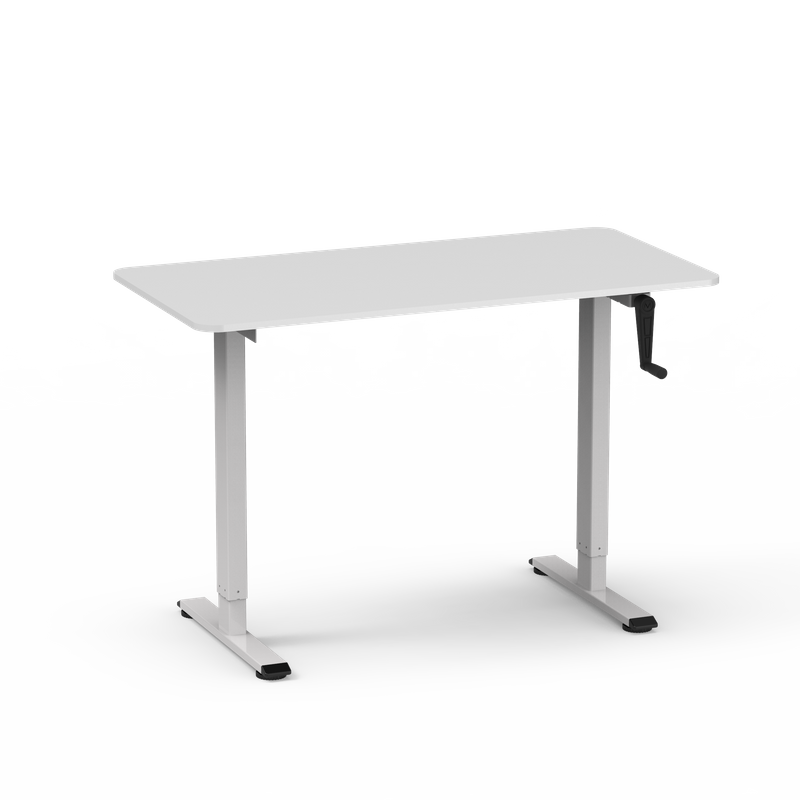2MABR2 manual height-adjustable desk, white frame with walnut wood tabletop, natural grain texture, eco-friendly and durable for comfortable work
