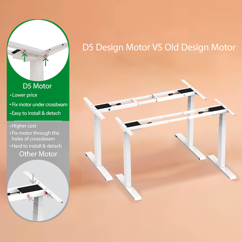 Comparison of D5 motor and old motor, showing the D5 motor's easy installation under the crossbeam, lower cost, and ease of detachment.