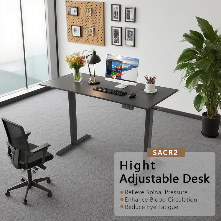 The SACR2 black electric standing desk in a modern home office setting, with a computer and plant on the desktop.