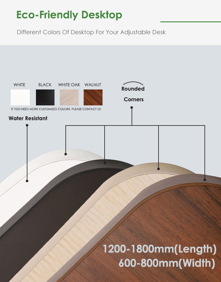 A display of various desktop options including white, black, white oak, and walnut, highlighting their water-resistant and rounded-corner features.