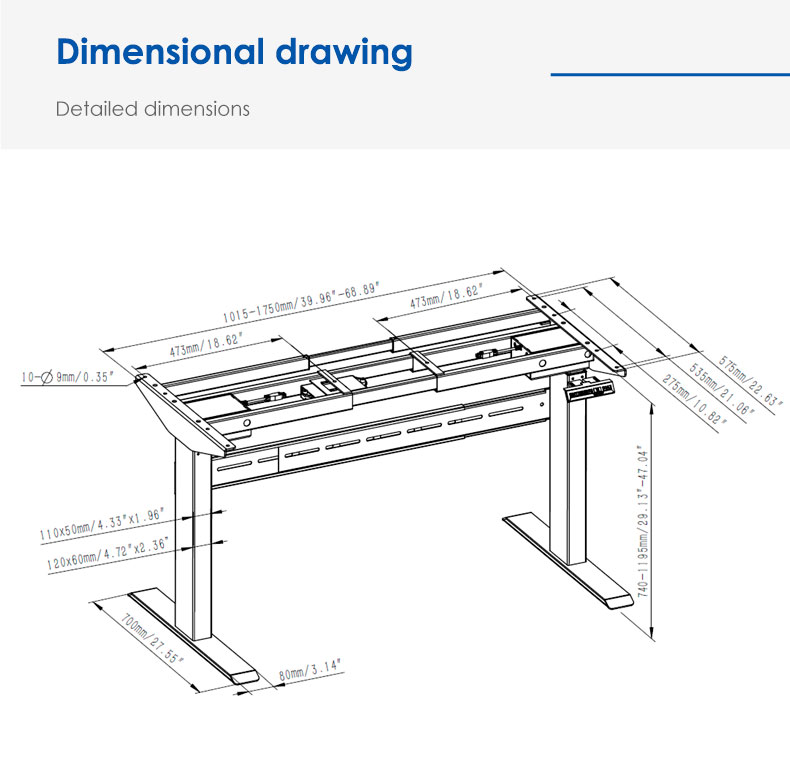2NF2 Standing Desk dimensional drawing, showing detailed length, width, and height data.