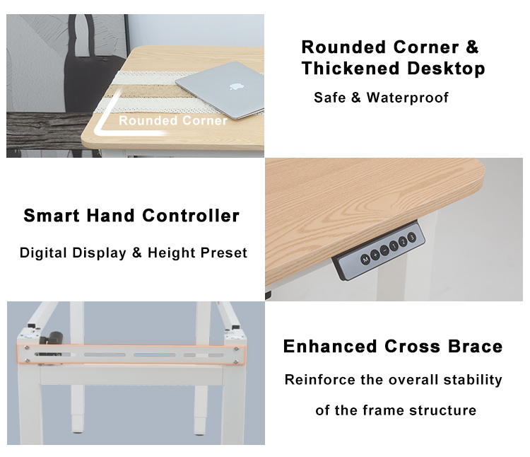 A collage showing the table's key features: safe rounded corners, a smart controller, and a sturdy cross brace for stability.