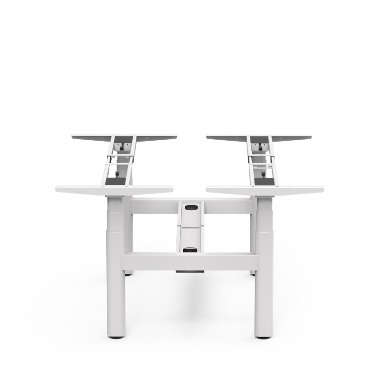 Side view of the 4CF3A 4-leg back-to-back electric desk frame in white, showing the profile of the lifting columns and base.