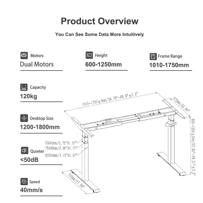 Technical specification chart for the 2AF3 standing desk frame, detailing its dimensions, height range, width range, and load capacity