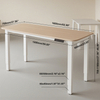 A real-life photo of a dining table with arrows and labels showing detailed dimensions and key specifications
