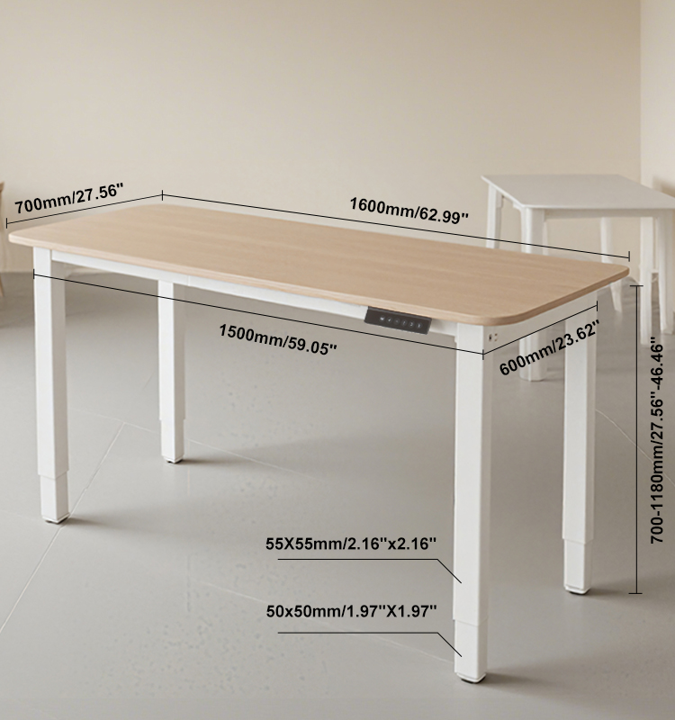 A diagram of the adjustable table with all dimensions labeled: 1600mm length, 600mm width, and 700-1180mm height range.