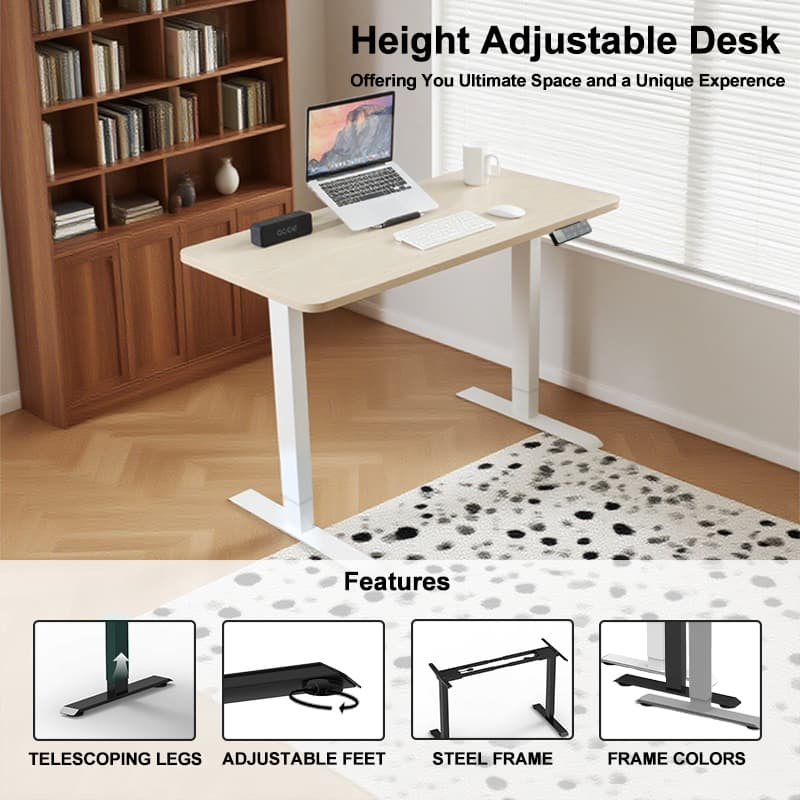 A stylish, height-adjustable desk with a light wood top in a modern living space, with icons below showing its core features: telescoping legs, adjustable feet, and a sturdy steel frame.