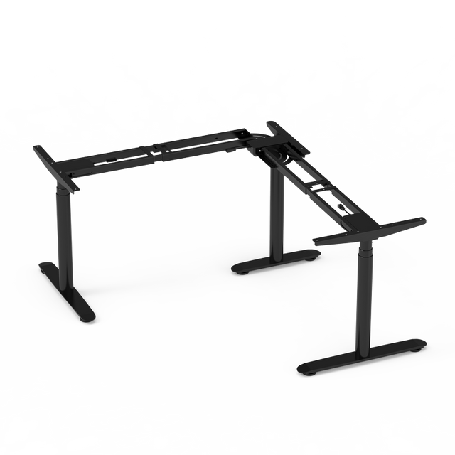 Black triple-motor L-shaped electric standing desk frame.