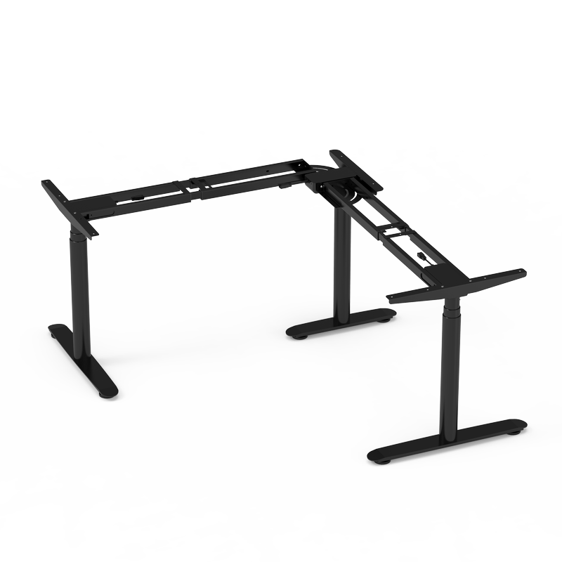 Black triple-motor L-shaped electric standing desk frame.