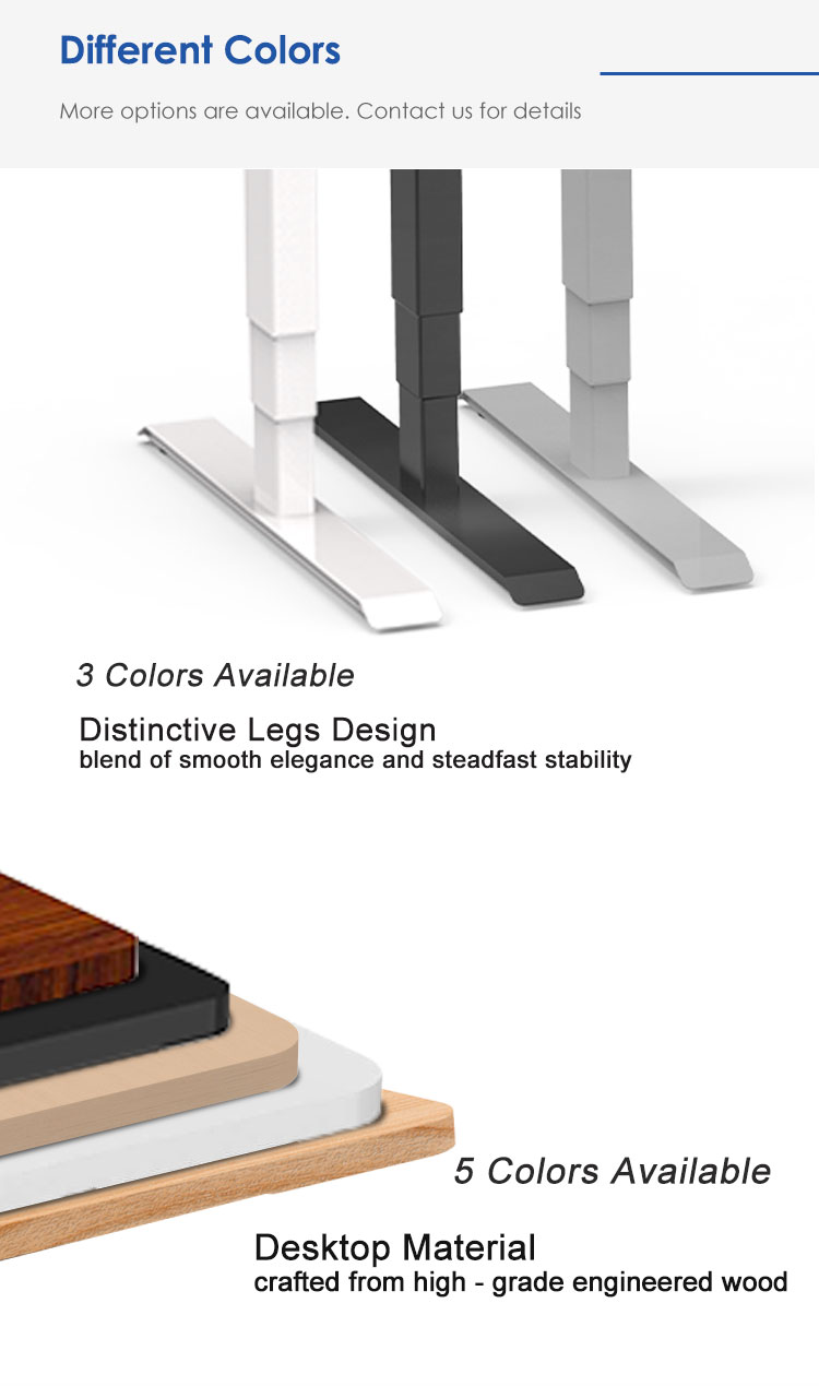 An image displaying 3 available leg colors (white, black, grey) and 5 available desktop material options.