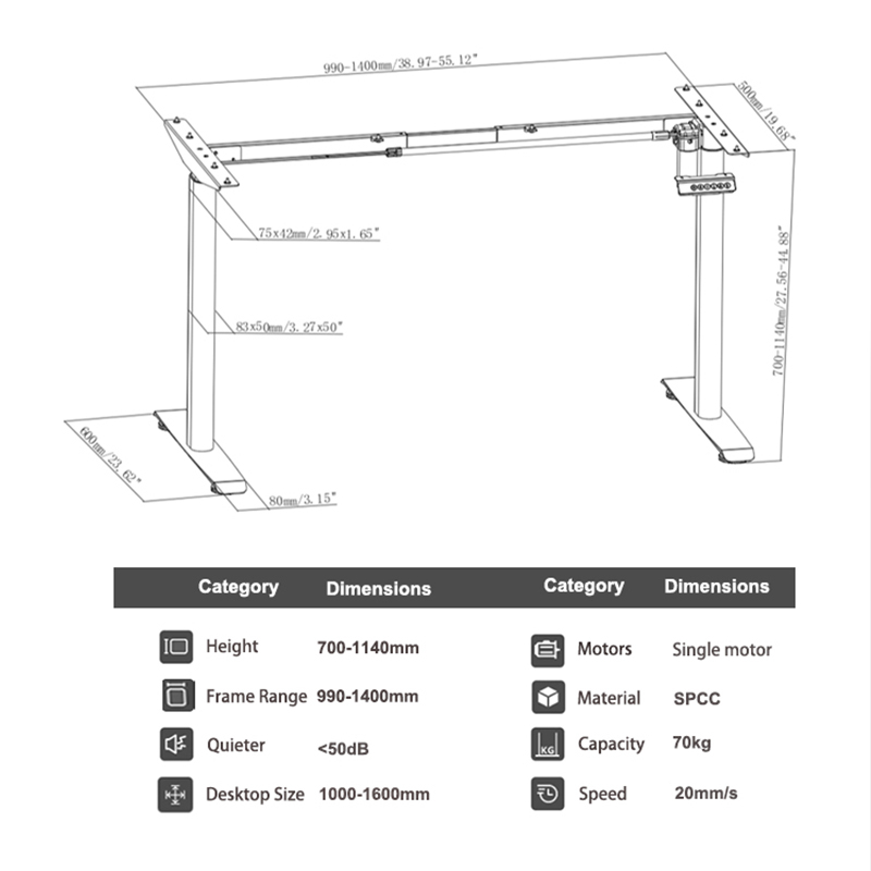  A close-up infographic of the 2SCAF2 desk's elliptical leg, detailing the automotive-grade SPCC steel construction, 70kg load capacity, and quiet under-50dB operation.