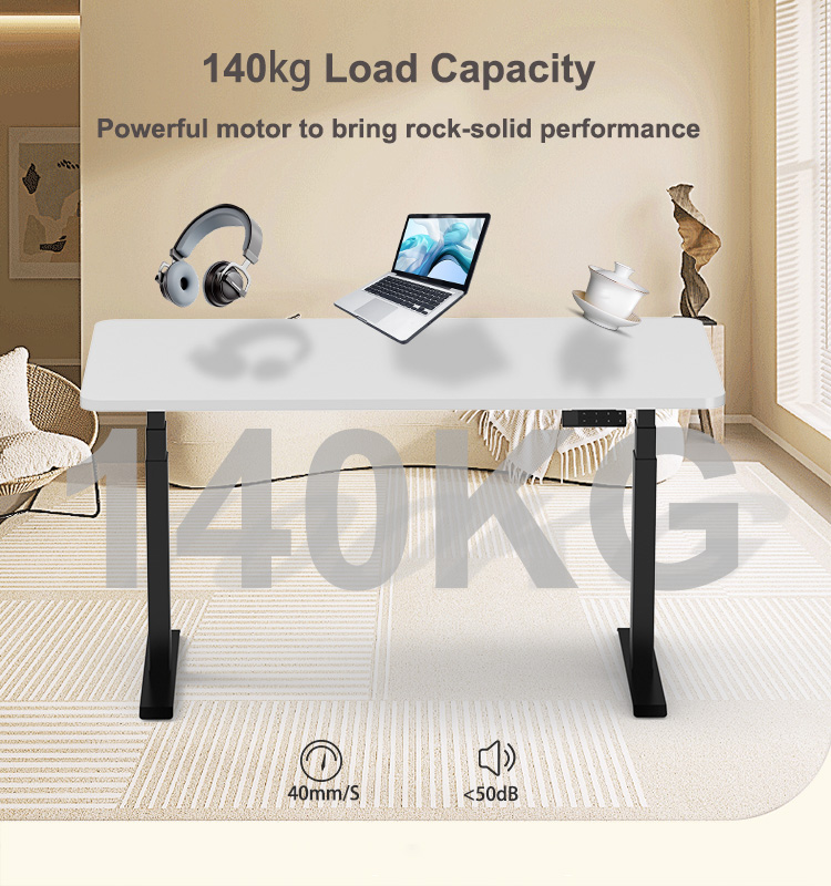 The 2AF3 height adjustment electric desk frame demonstrating its powerful 140kg load capacity, supporting a laptop and headphones with ease.