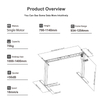 Electric standing desk frame with single motor, height adjustable 700–1140mm, width 934–1254mm, 70kg capacity, quiet (<50dB), speed 18mm/s.