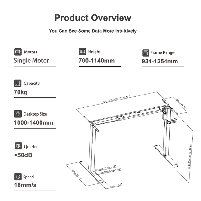 Electric standing desk frame with single motor, height adjustable 700–1140mm, width 934–1254mm, 70kg capacity, quiet (<50dB), speed 18mm/s.