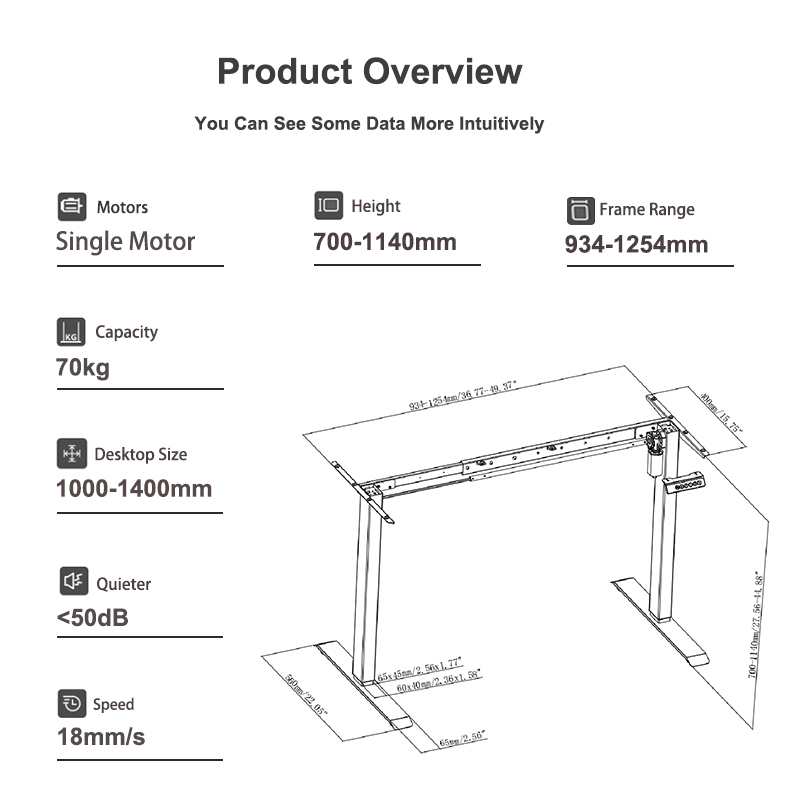 Electric standing desk frame with single motor, height adjustable 700–1140mm, width 934–1254mm, 70kg capacity, quiet (<50dB), speed 18mm/s.