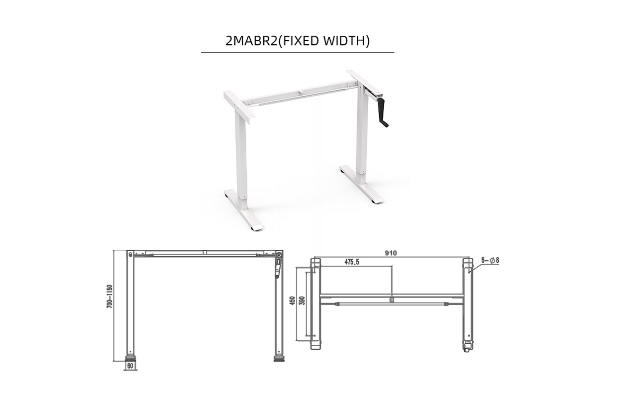 Close-up of the desk's white foot with modern sloped design and top-down view of fixed-width beam structure for enhanced stability.