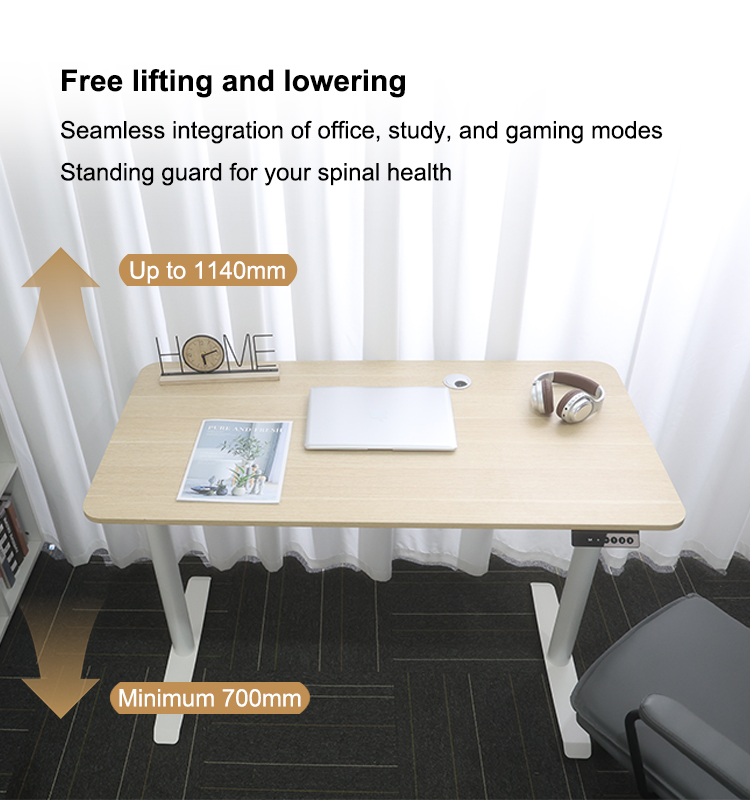 A lifestyle shot of the electric adjustable standing desk emphasizing its aesthetic round tube design for a healthy office and lumbar care.