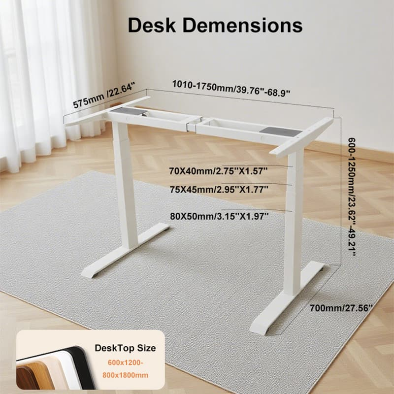 Detailed dimensions diagram of the NATE 2AF3 adjustable desk frame, showing its height range (600-1250mm), length range (1010-1750mm), and compatible desktop sizes.