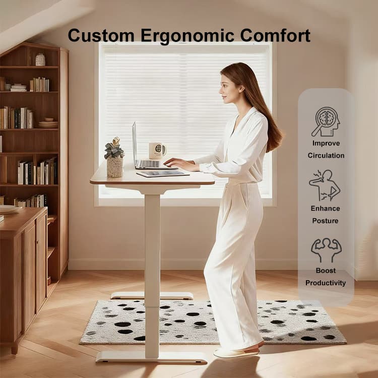 Woman comfortably working at the standing desk in a home office, promoting ergonomic posture.