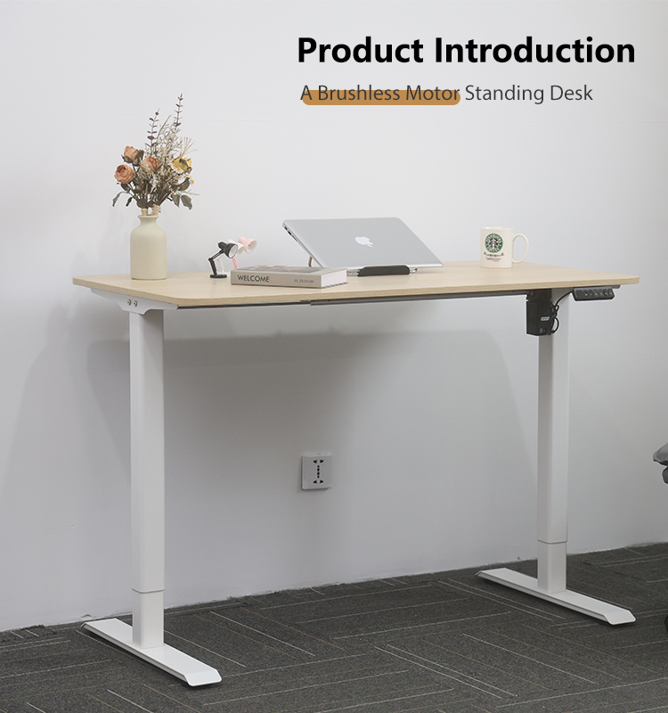 A lifestyle image of the white 2MABR2 desk fully assembled and set up with a computer, lamp, and plants in a bright, modern office setting.]alt: The 2MABR2 white manual standing desk in a bright, modern home office with a computer and plants, showcasing a clean and productive workspace.
