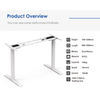 An overview of the 2UF2 sit-stand desk frame with its key technical specifications, such as height range, dual motors, and speed, listed visually