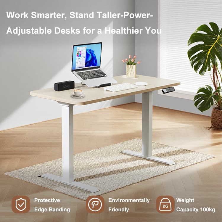 A beautiful standing desk in a bright room, highlighting its environmentally friendly materials and protective edge banding.