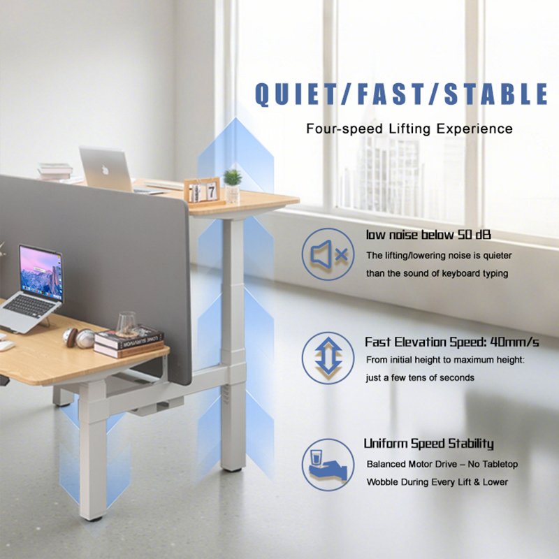 Infographic showing the desk's quiet operation below 50 dB, fast 40mm/s elevation speed, and stable motor drive.