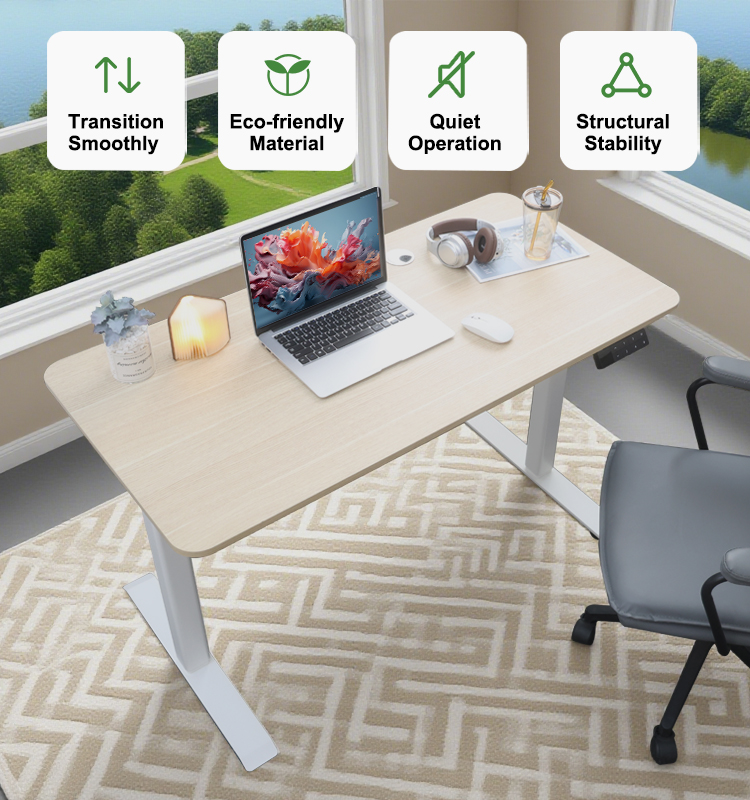 A lifestyle image of the standing desk highlighting four key features: smooth transition, eco-friendly material, quiet operation, and structural stability.