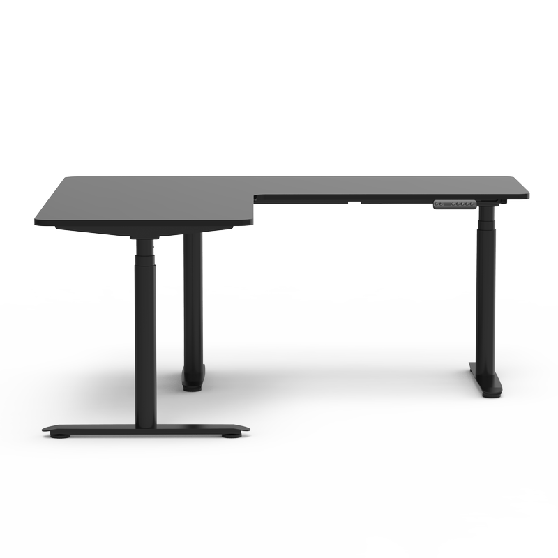 L-shaped electric standing desk with a black desktop and black frame.