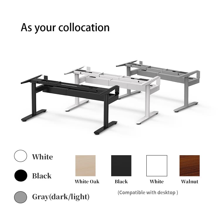 Custom color finishes for standing desk legs - white, grey, and black